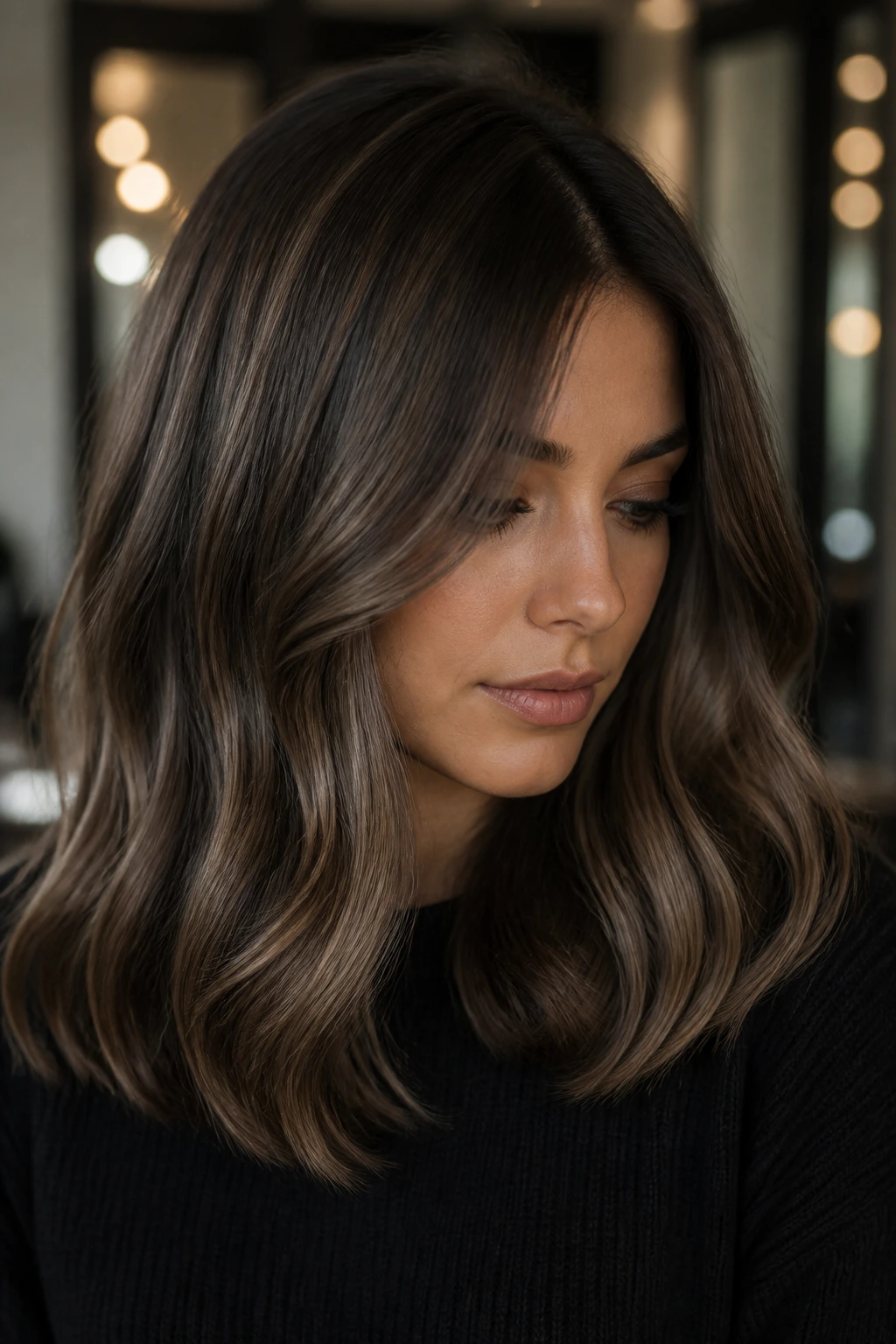 Real person with mushroom chocolate brown hair in cool undertones