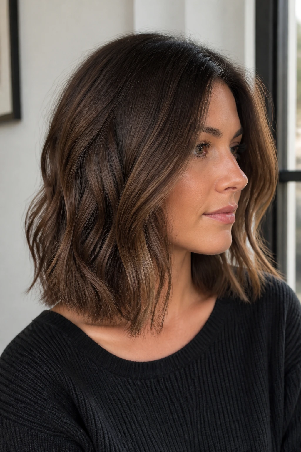 Profile portrait of a person with mushroom cocoa lob hair in natural daylight