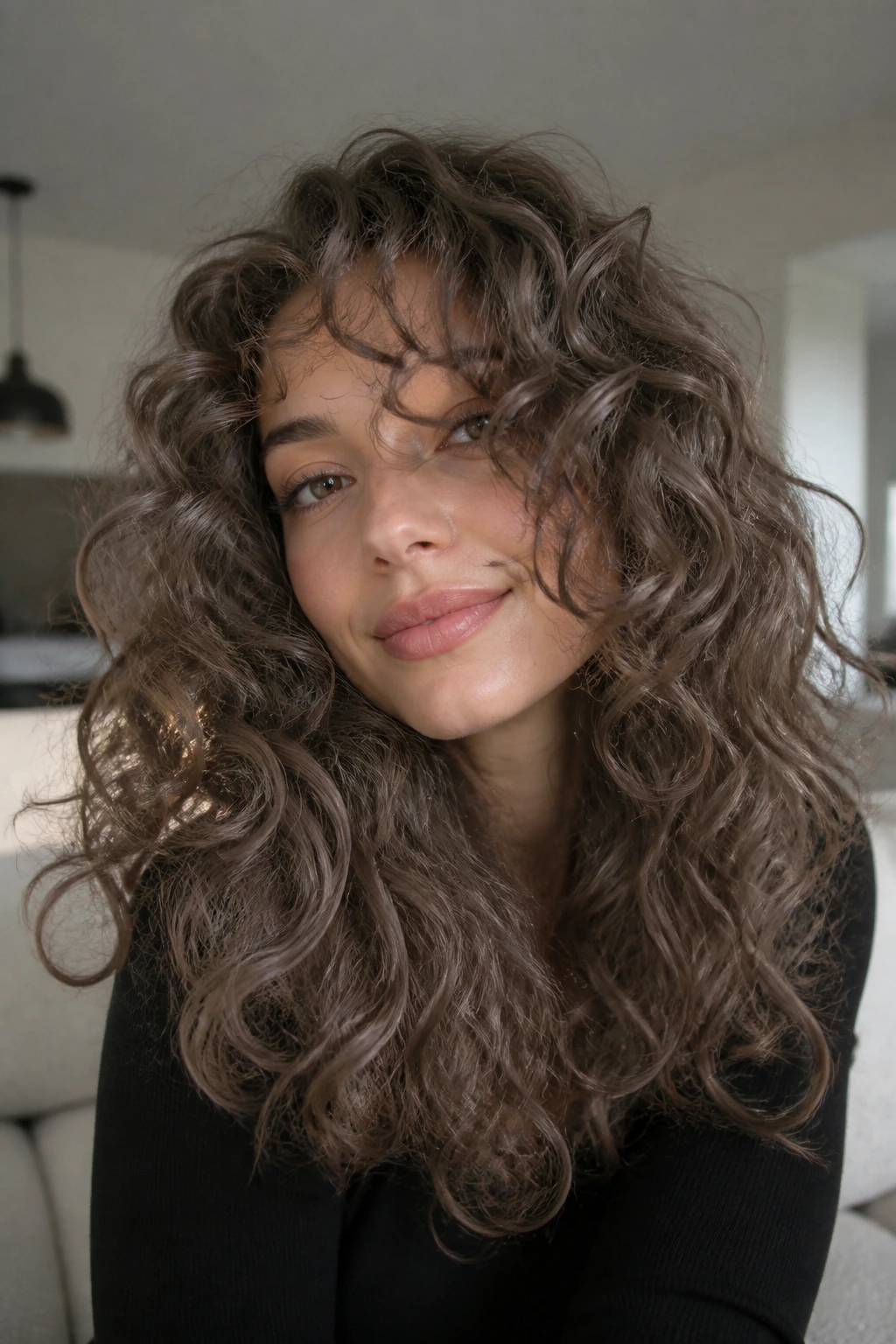 Mushroom brown curls with cool undertones on a real person in soft daylight.