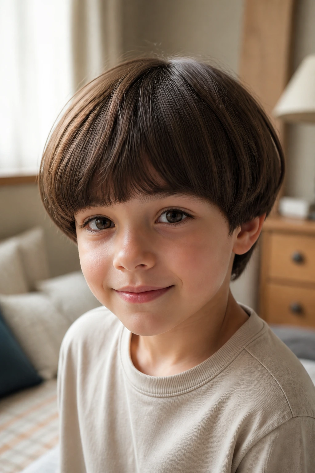 Close-up of a real child with a soft rounded mushroom cut in a warm bedroom