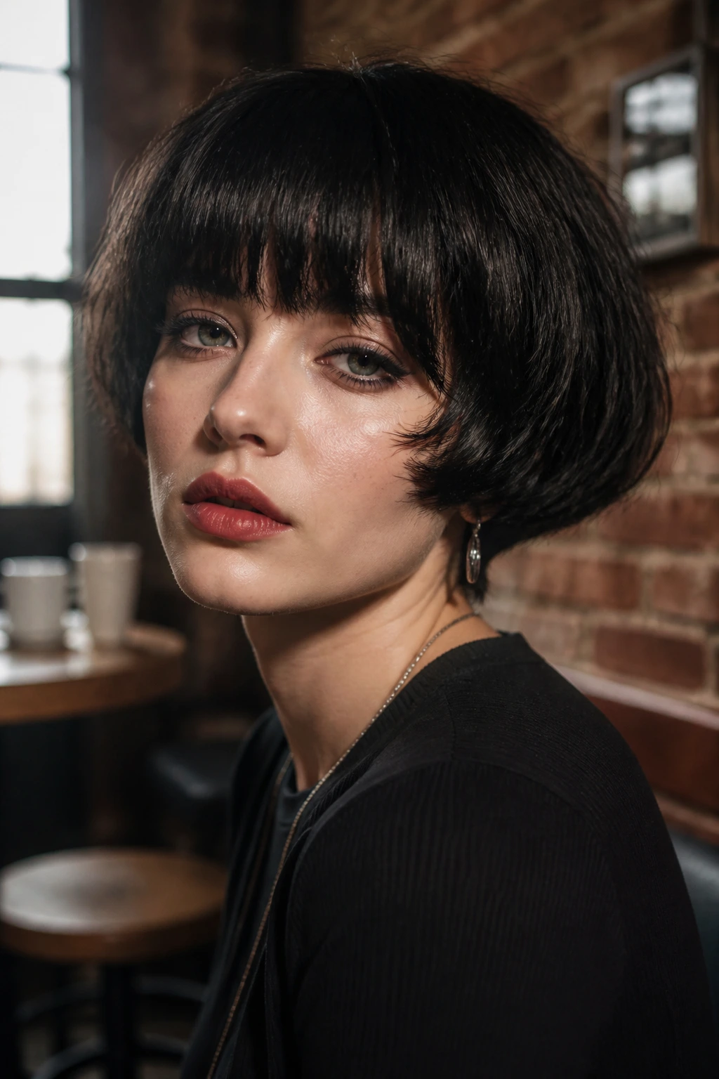 Close-up of a real woman with textured mushroom cut and heavy fringe in a moody cafe