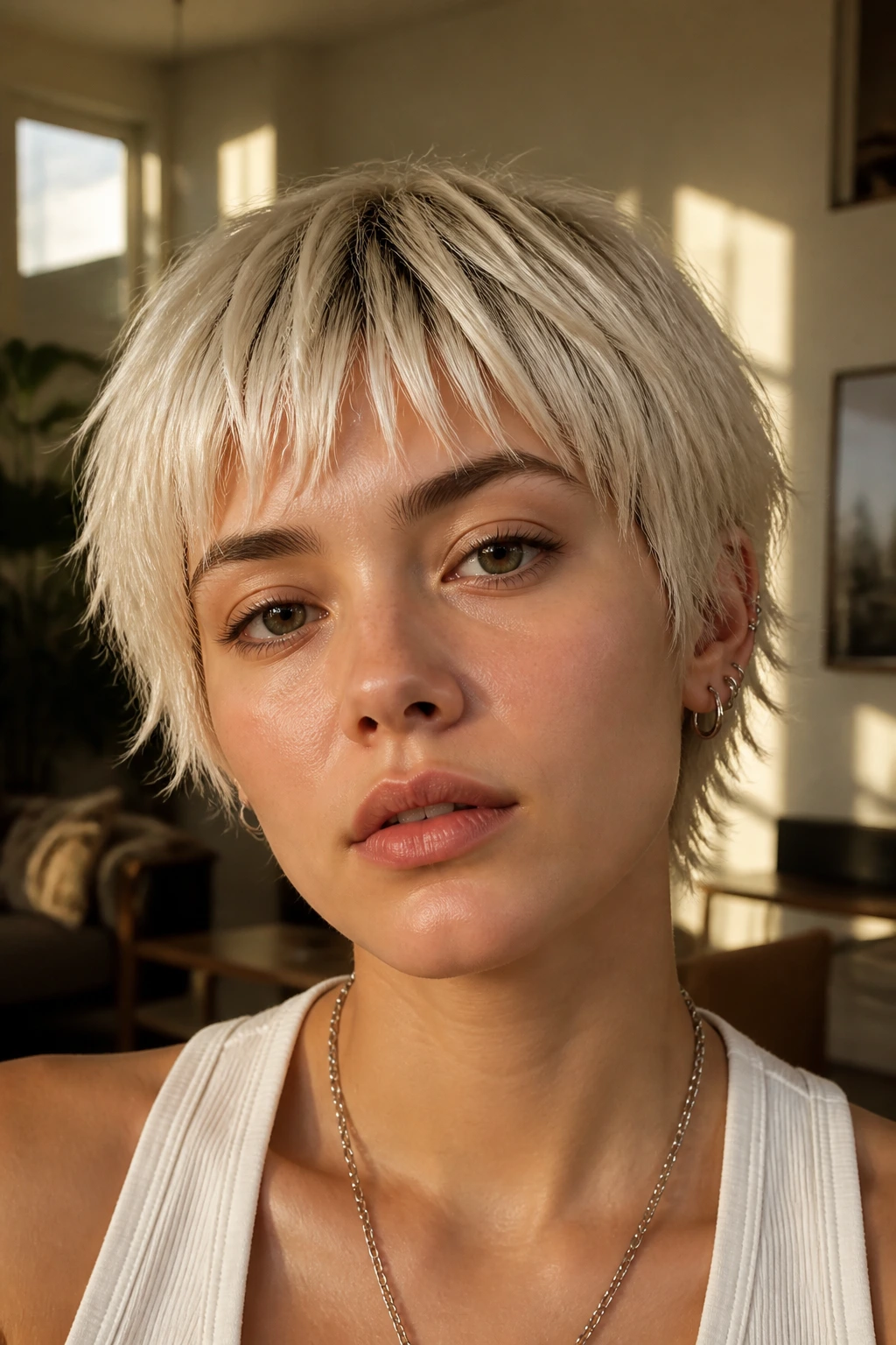 Real person with rounded mushroom haircut and jagged ends, close portrait