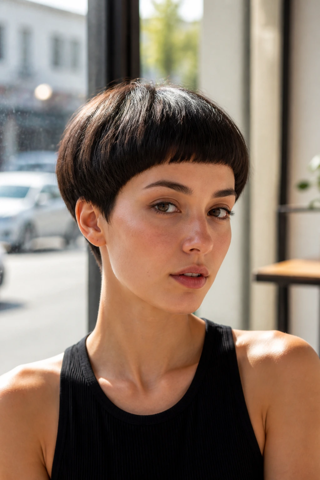 Close-up of a woman with a mushroom cut and micro fringe in cafe light