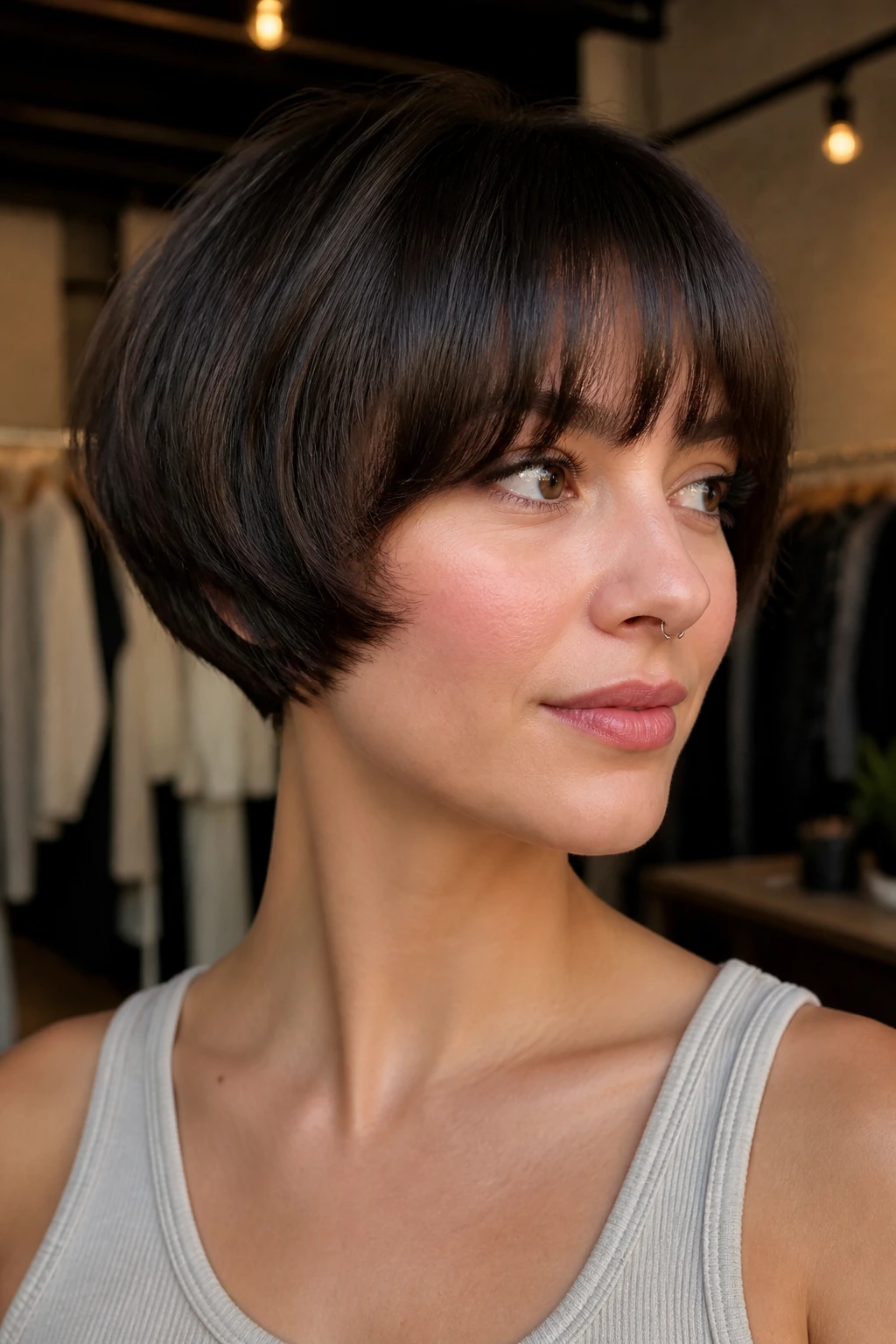 Real woman with rounded mushroom cut and soft bangs in a boutique setting.