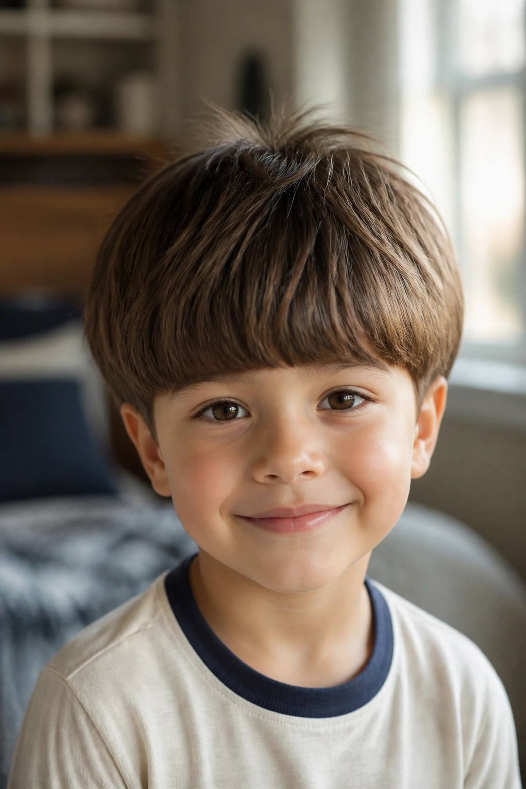 Close-up of a child with a modern mushroom cut and soft edges in warm window light