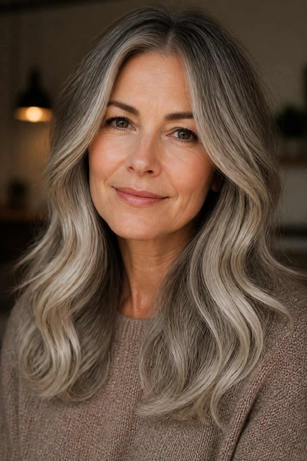 Close-up of a real woman with mushroom gray bronde hair blend