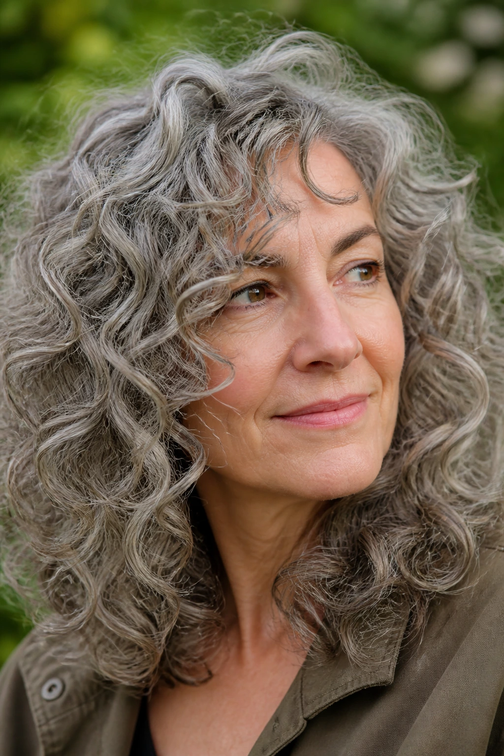Close-up of a real person with mushroom gray layered curls outdoors.