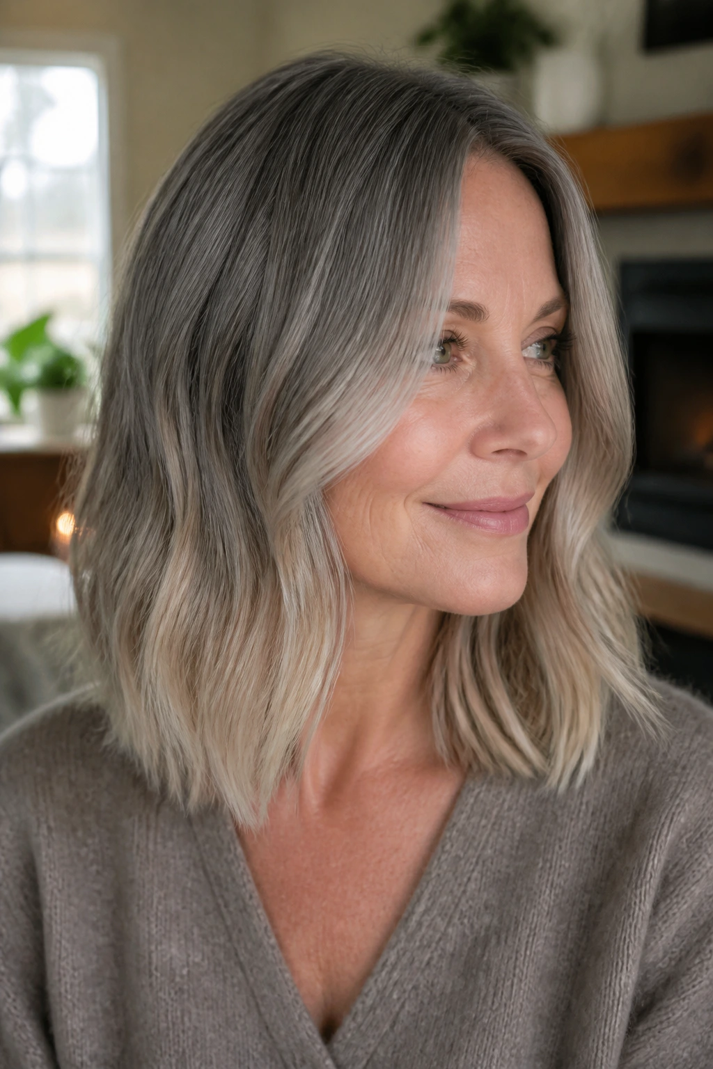 Person with mushroom gray melt transitioning to beige ends