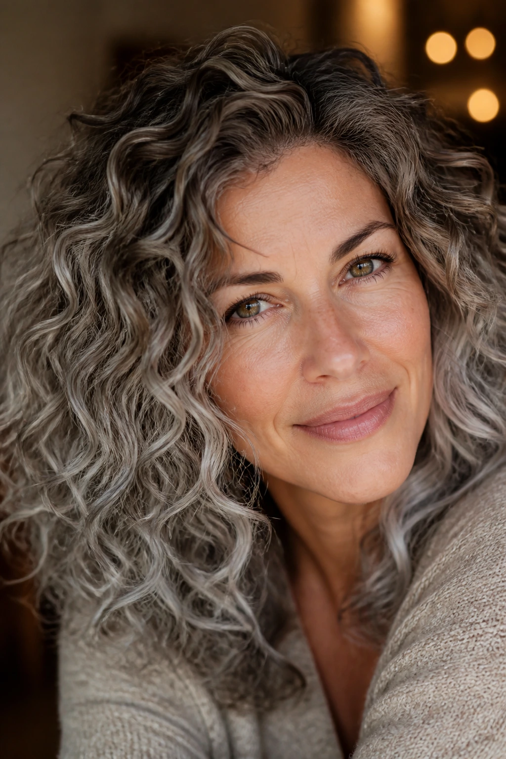 Close-up of a real person with mushroom gray melt on curly hair showing transition from beige-brown roots to silver ends