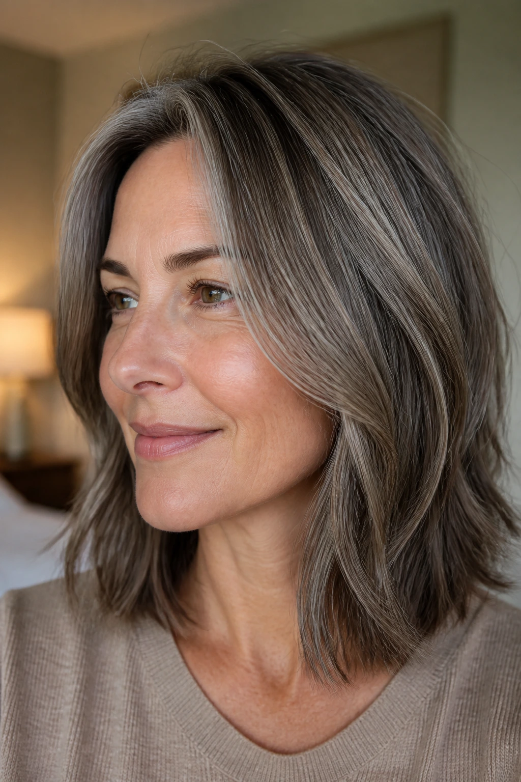 Close-up of a real woman with mushroom brown and silver blend on shoulder-length hair.