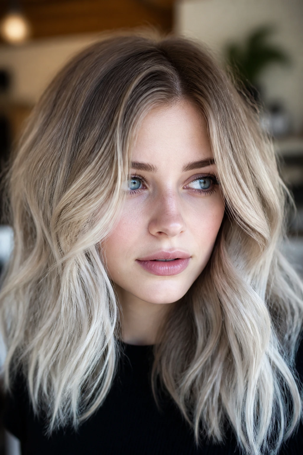 Close-up of a real woman with Mushroom-Ice Blonde hair
