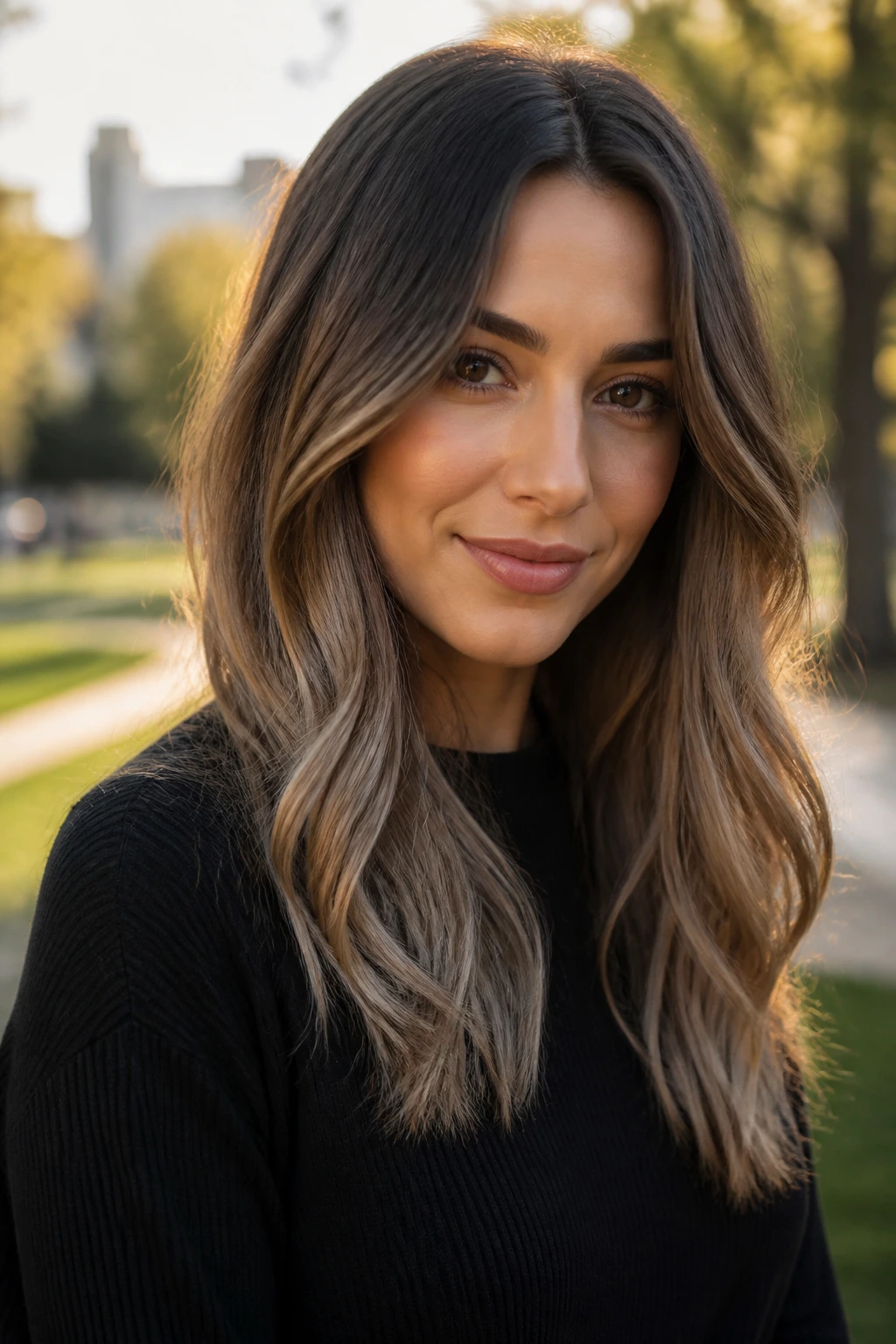 Woman with mushroom ombré hair in park lighting