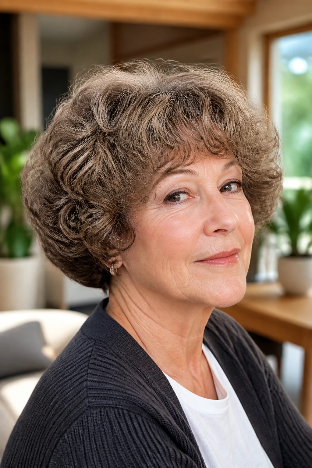 Close-up of a woman with mushroom perm with soft edges
