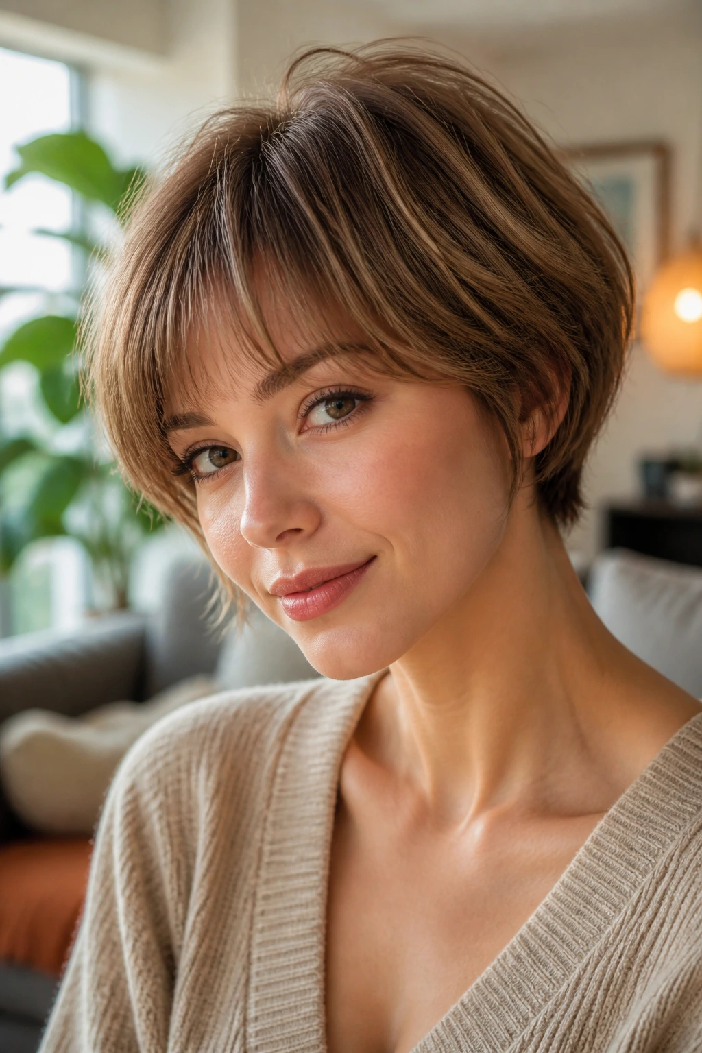 Real woman with mushroom pixie bob featuring rounded silhouette and soft edges.