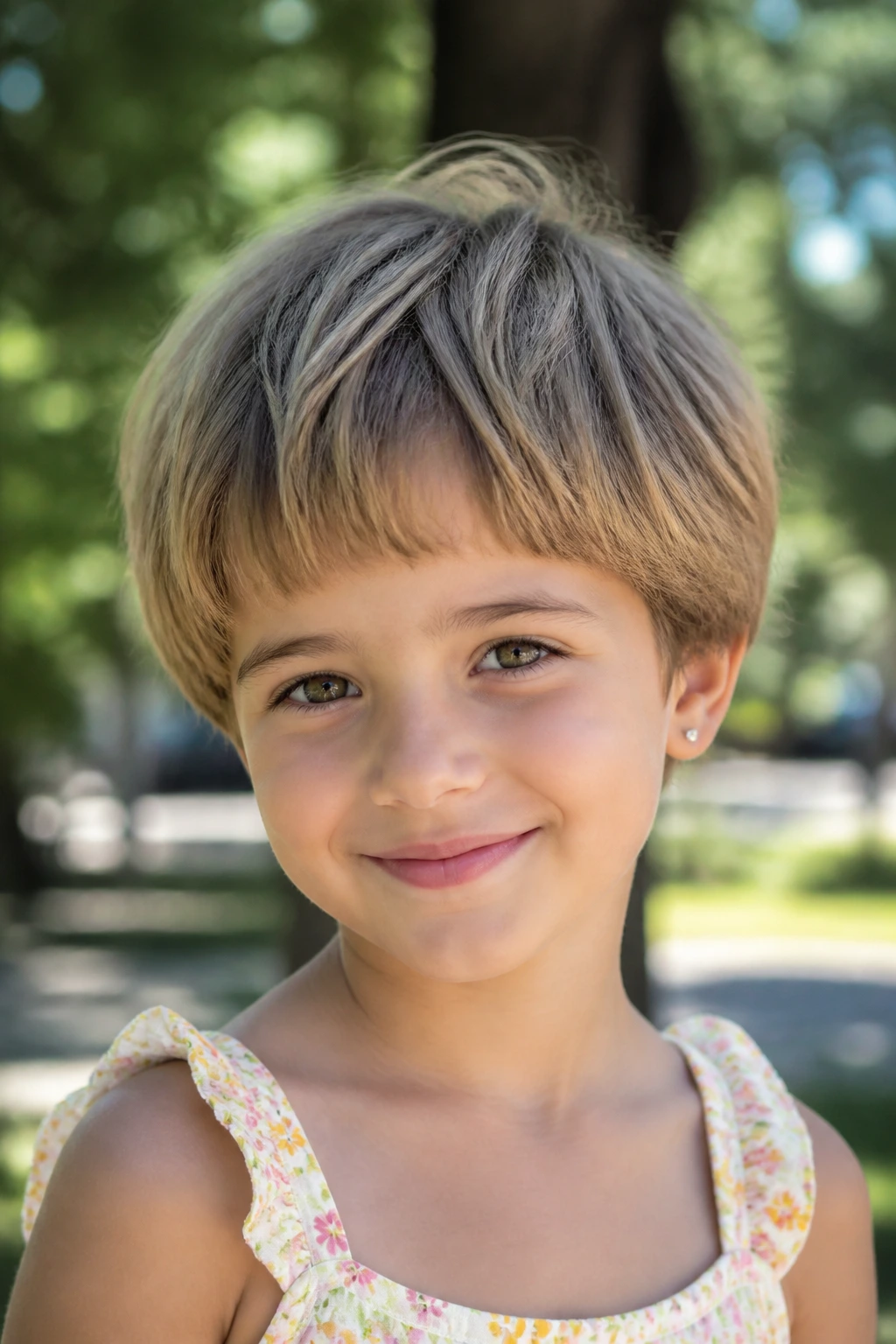 Close-up of a girl with a rounded mushroom-inspired pixie and feathered ends.