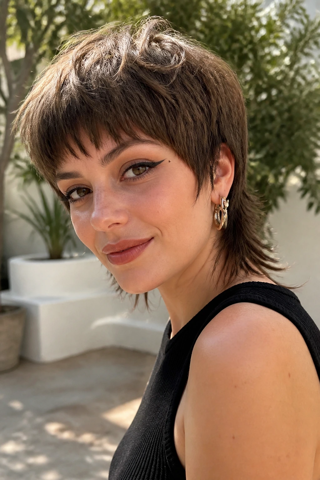 Portrait of a real woman with mushroom-to-mullet pixie hybrid hairstyle in natural outdoor light