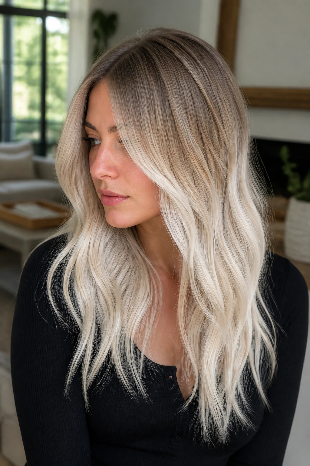 Portrait of a real person with mushroom-to-platinum transition from root to ends