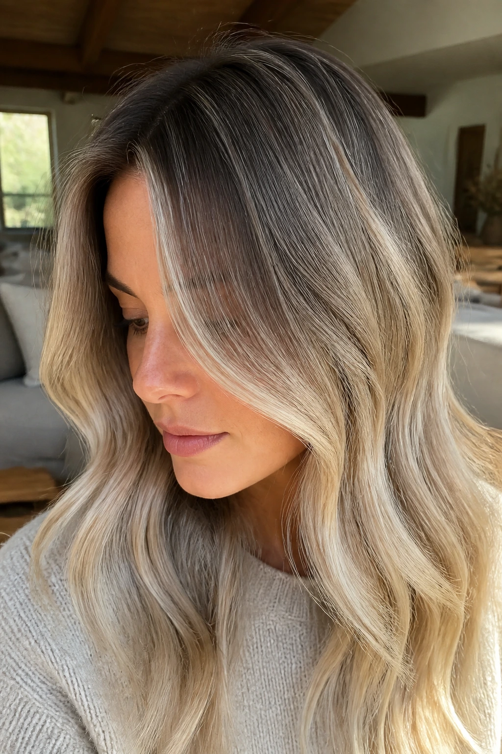 Portrait showing soft mushroom root melt with gray-brown roots fading to beige-blonde mids