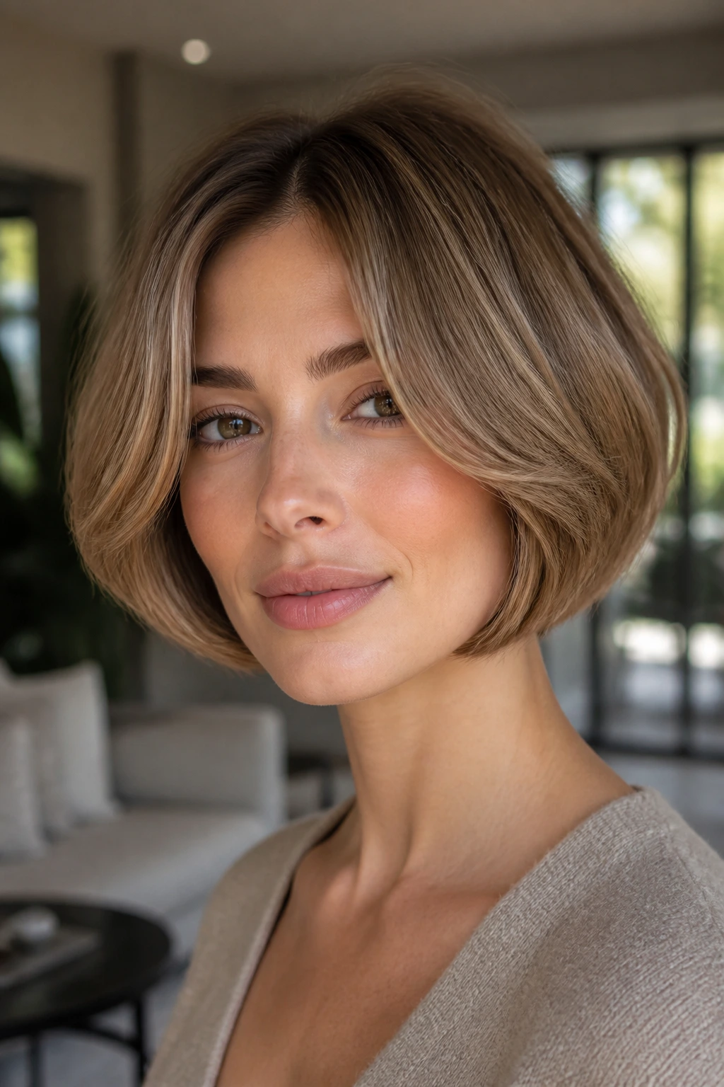 Portrait of a real woman with a mushroom-inspired rounded bob.