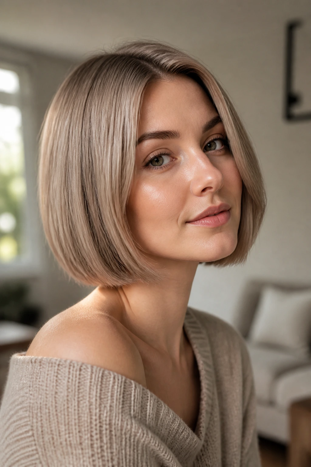 Close-up portrait of a real woman with mushroom-sand bob in taupe-beige tones.