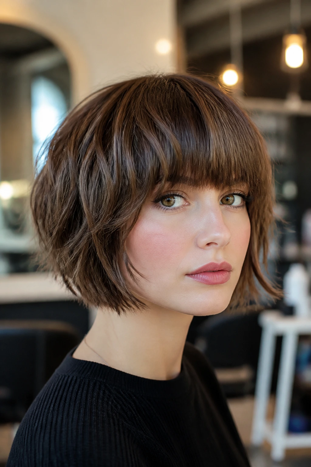 Real woman with mushroom shag bob and blunt bangs in warm salon light.