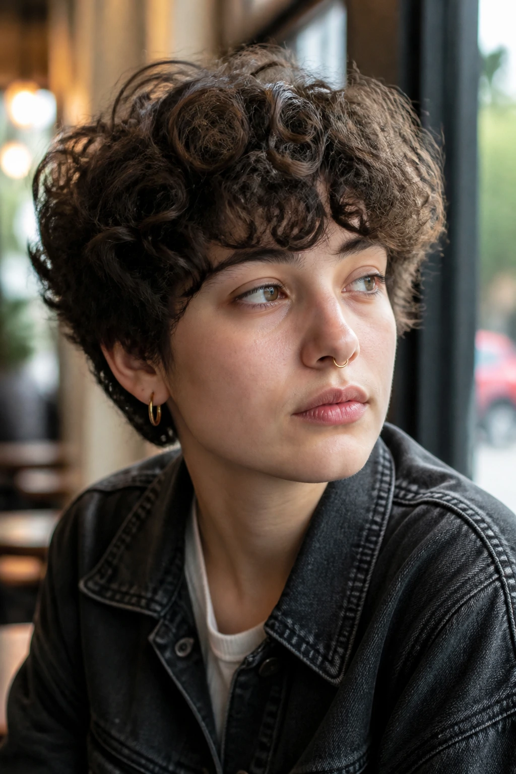 Real person with grown-out mushroom shag curls and rounded crown in cafe window light.