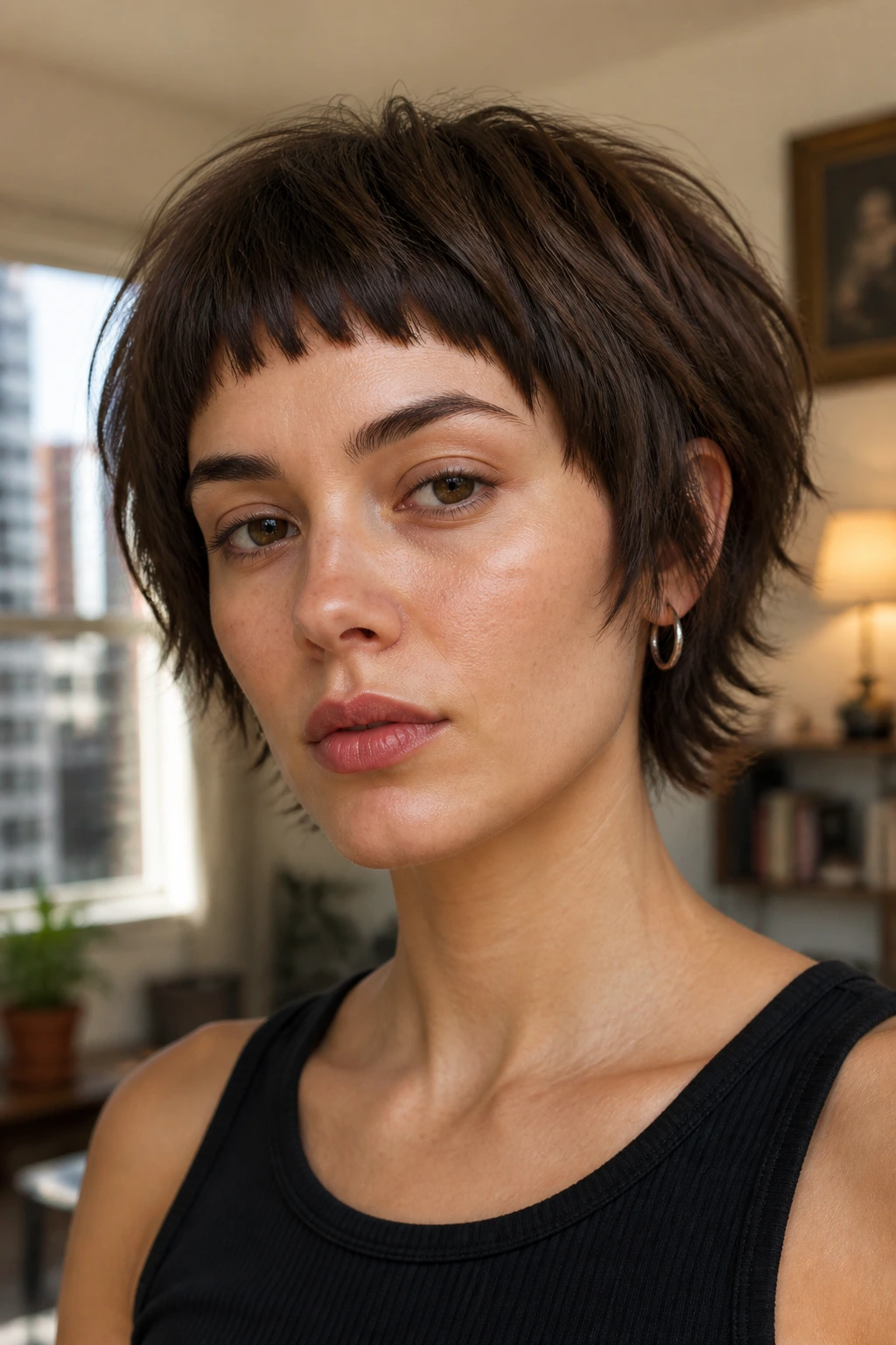 Close-up of real woman with piecey mushroom shag and micro bangs in a sunlit living room.