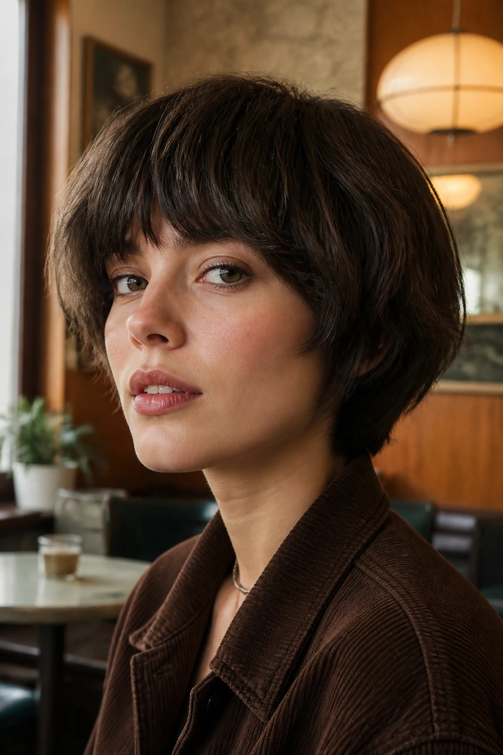 Portrait of a person with rounded mushroom shag in warm retro setting