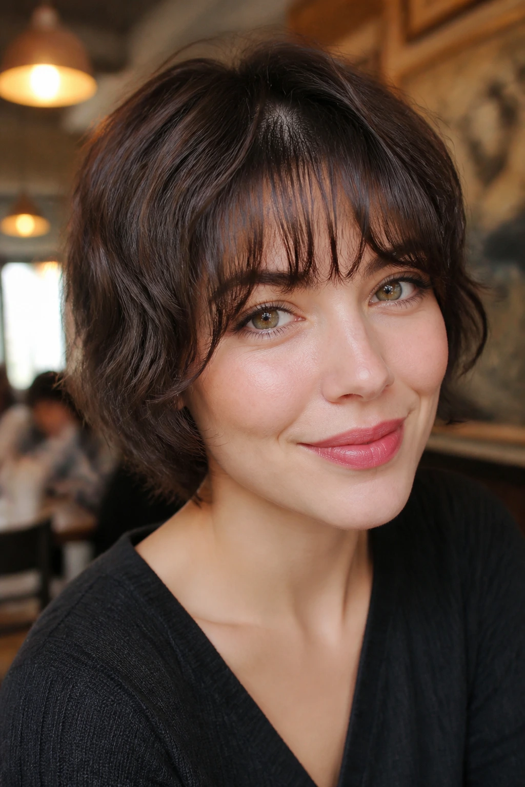 Real person with wavy mushroom shag and see-through bangs portrait