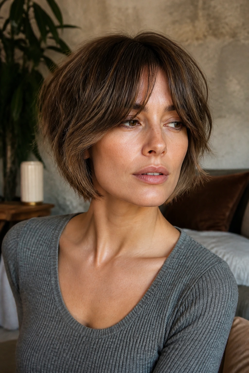 Close-up of mushroom shag with soft edges on a real woman in a warm living room