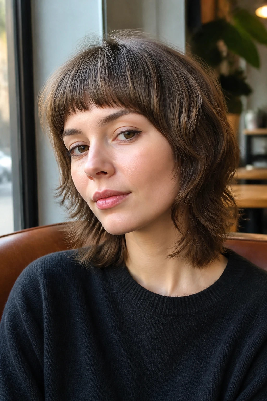 Close-up portrait of a woman with layered mushroom shag and tiny bangs in a cafe setting