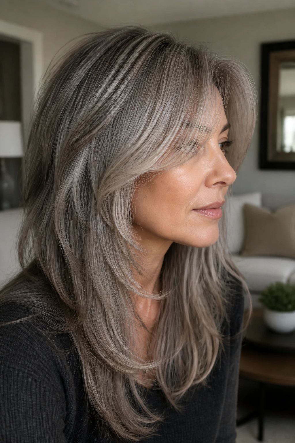 Close-up portrait of woman with mushroom silver layered hair