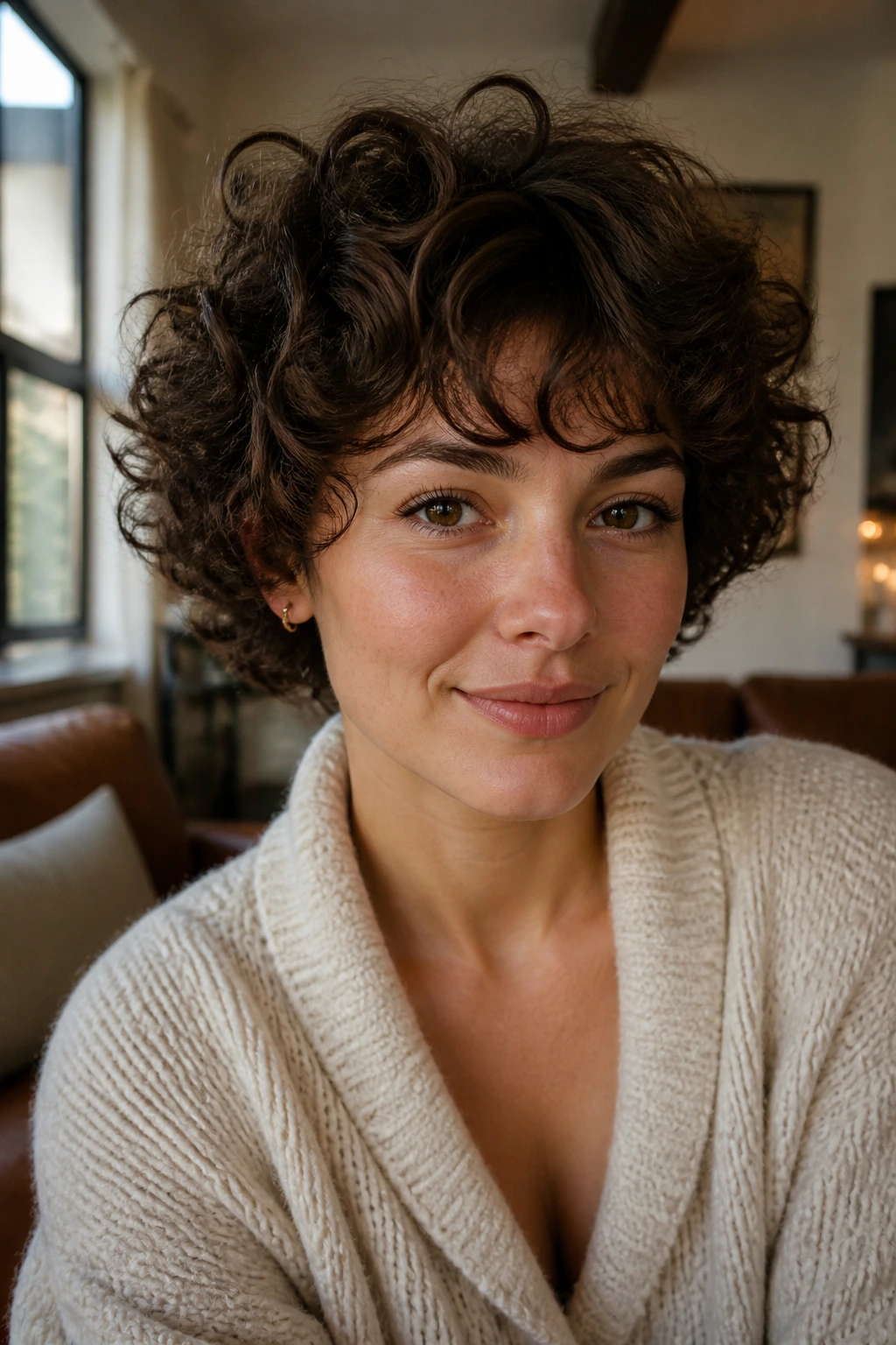 Close-up of a real woman with a mushroom-soft curly cut hairstyle