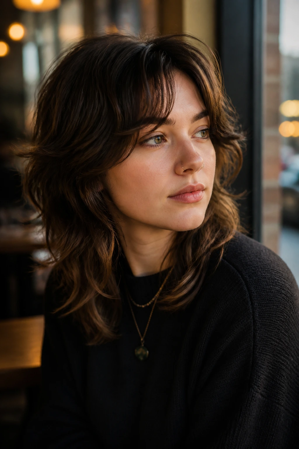 Close-up of a real person with wavy mushroom wolf cut and face-framing pieces