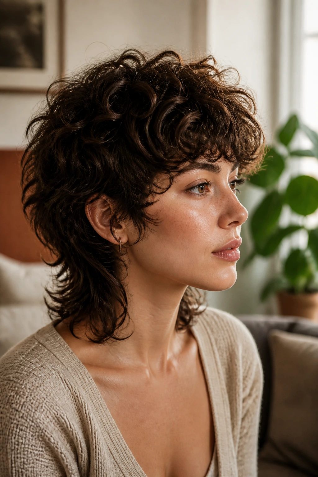 Close-up portrait of a real person with soft mushroom wolf shag hairstyle