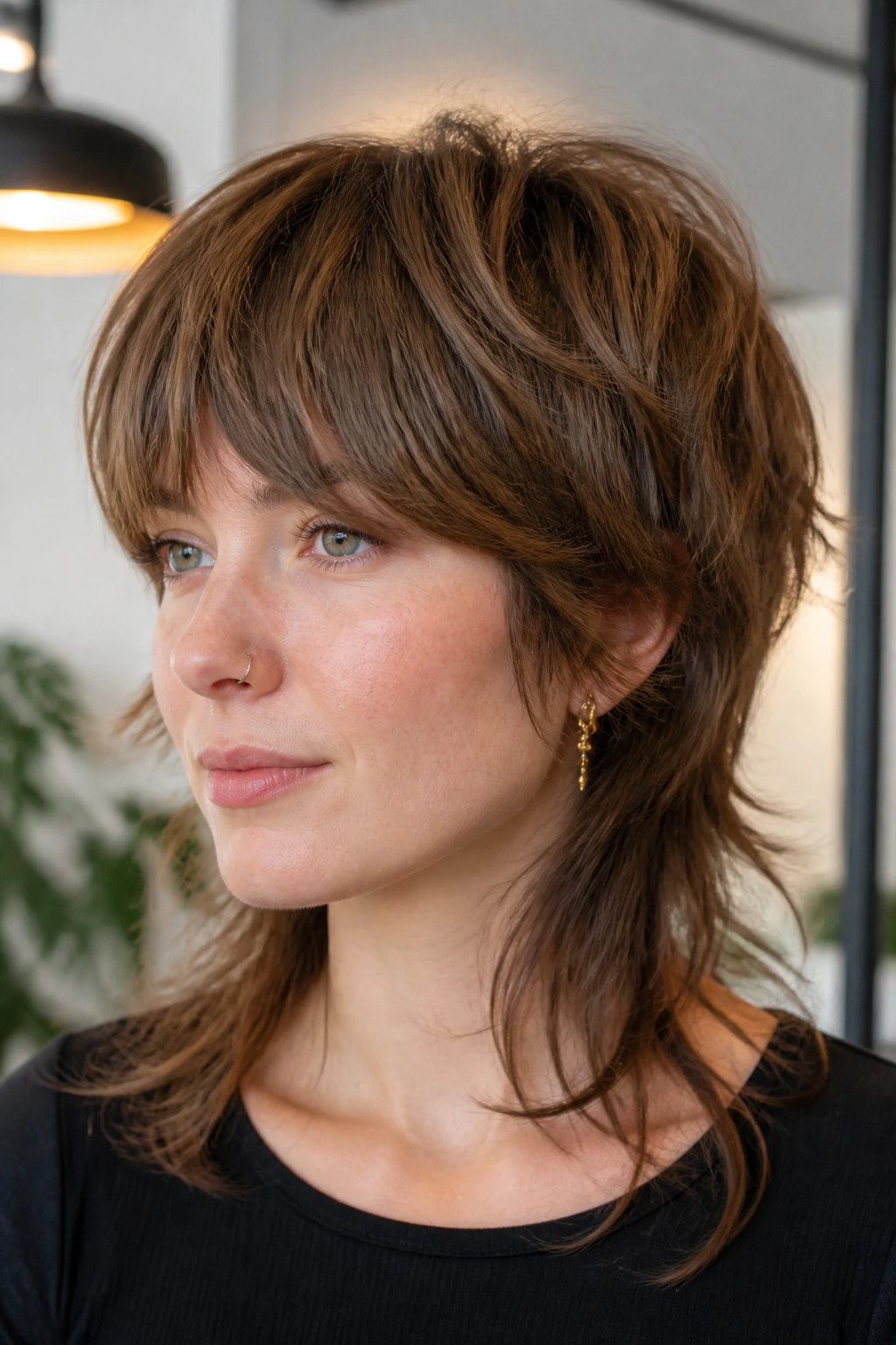 Close-up portrait of a real person with a textured mushroom wolf cut showing rounded crown