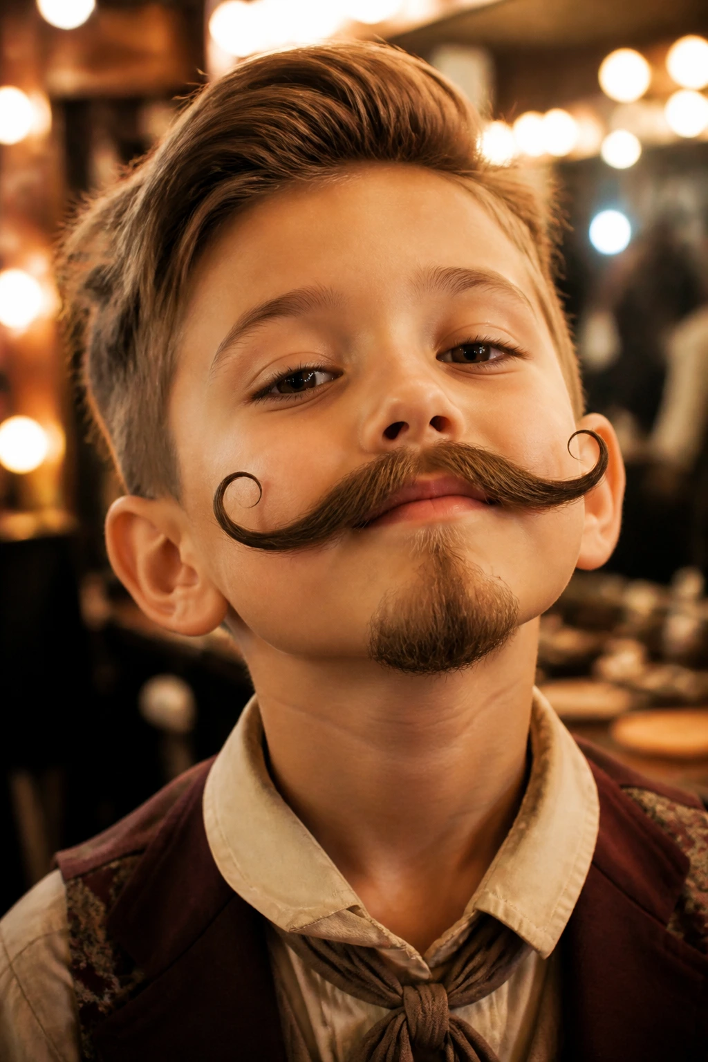 Child with twisted mustache and small chin beard in costume