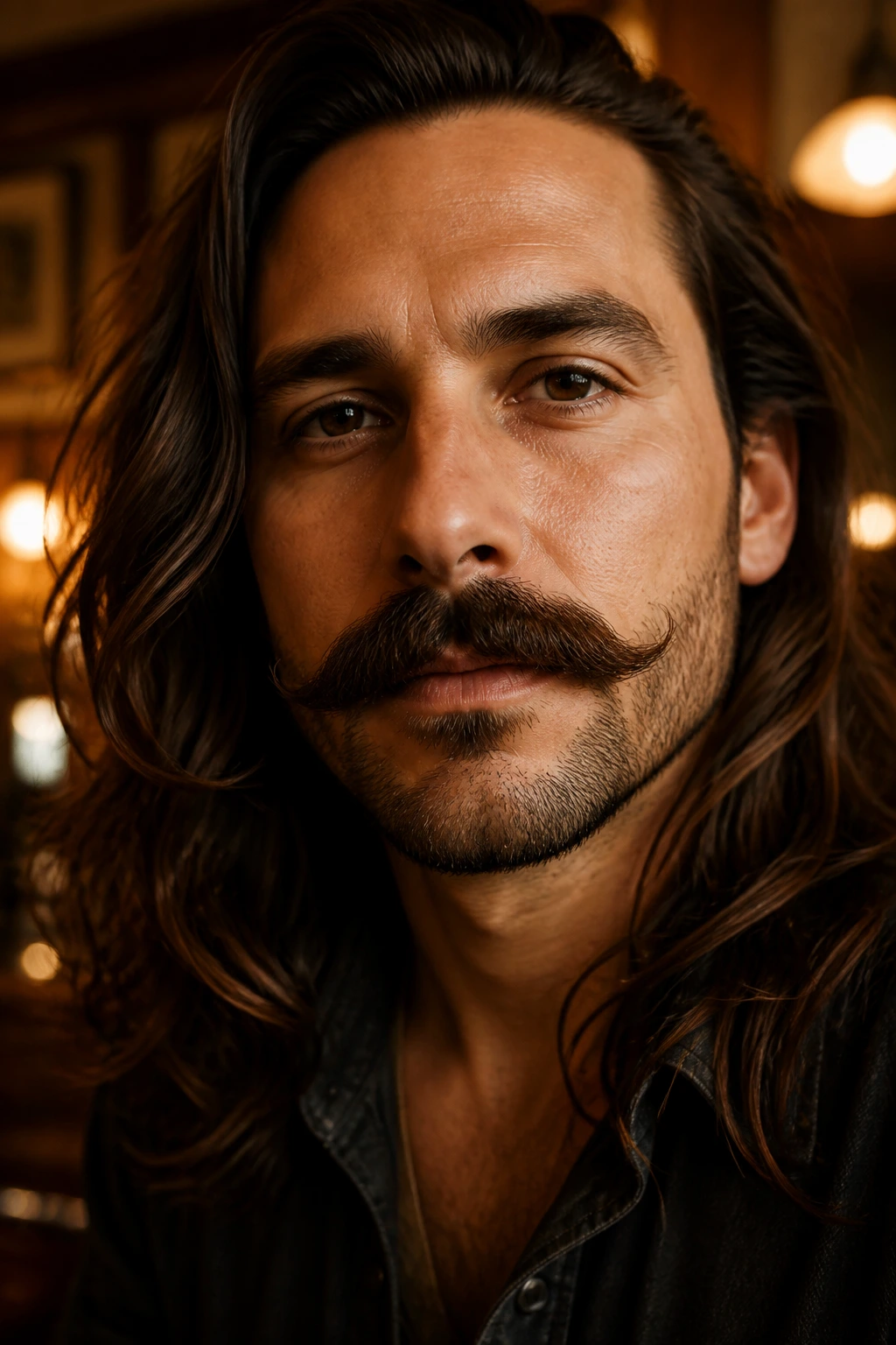 Close-up portrait of a man with a dense mustache leading the beard and short trimmed beard.