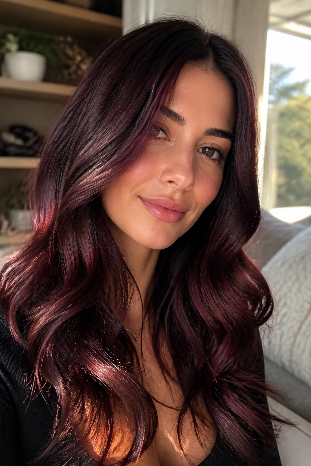 Close-up portrait of brunette hair with muted cherry-cola balayage in sunlit window light