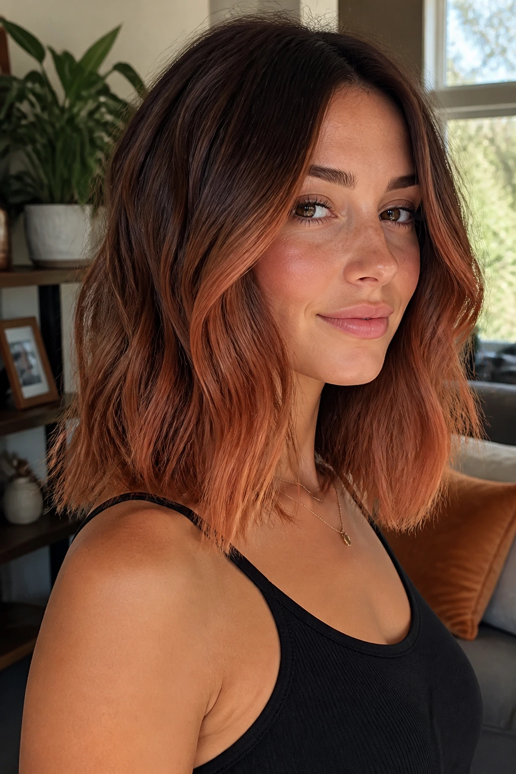 Close-up portrait of a real woman with muted copper mushroom brunette melt hair