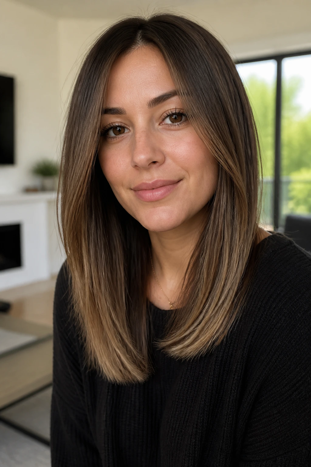 Close-up portrait of a real woman with muted mocha balayage and lived-in ends on straight hair.