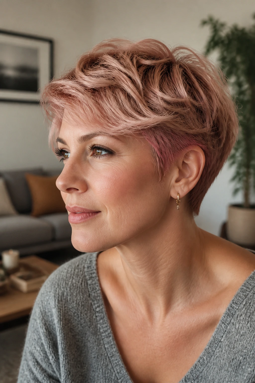 Close-up portrait of a real person with muted rose-gold crop hairstyle