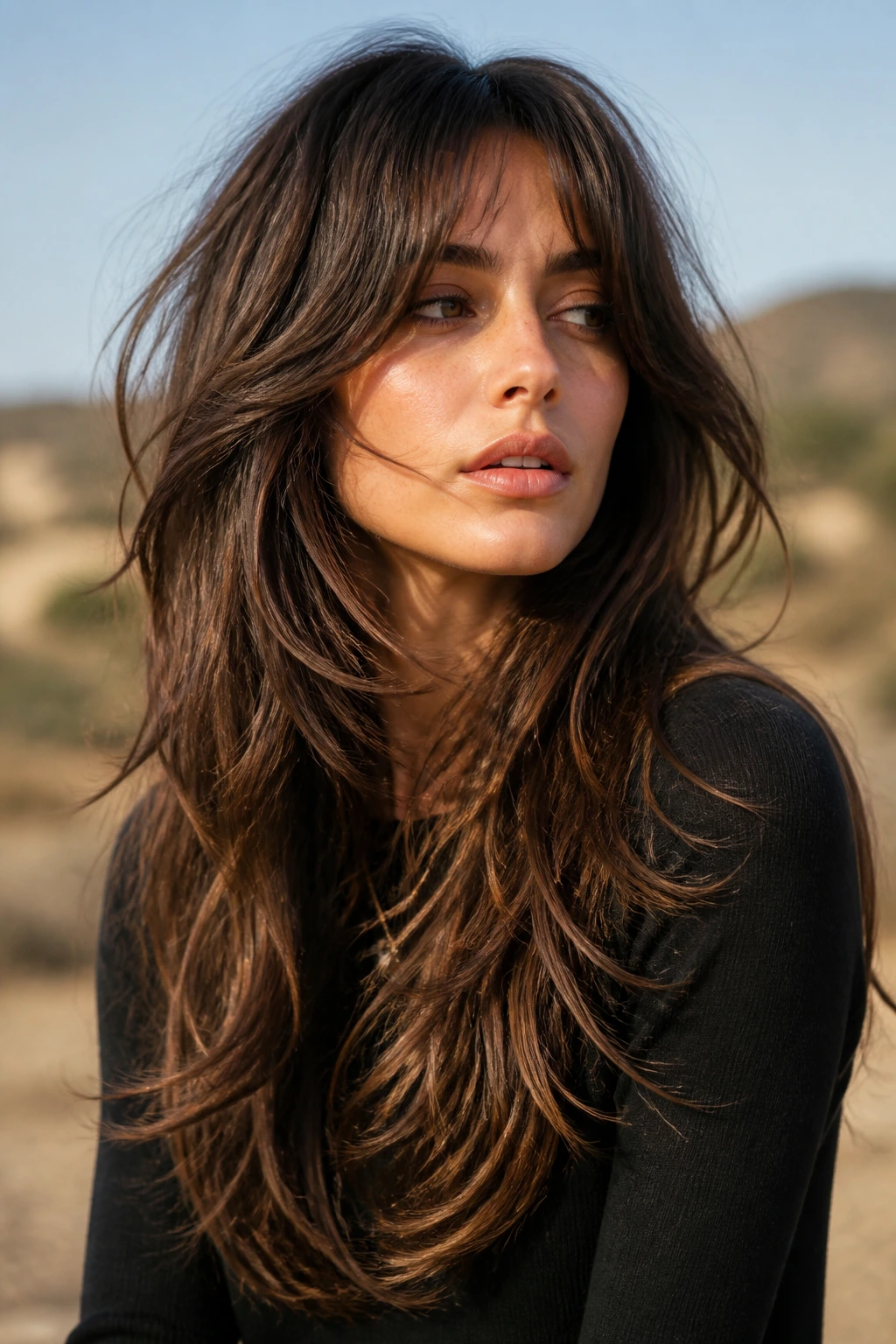 Close-up of real person with a muted wolf cut