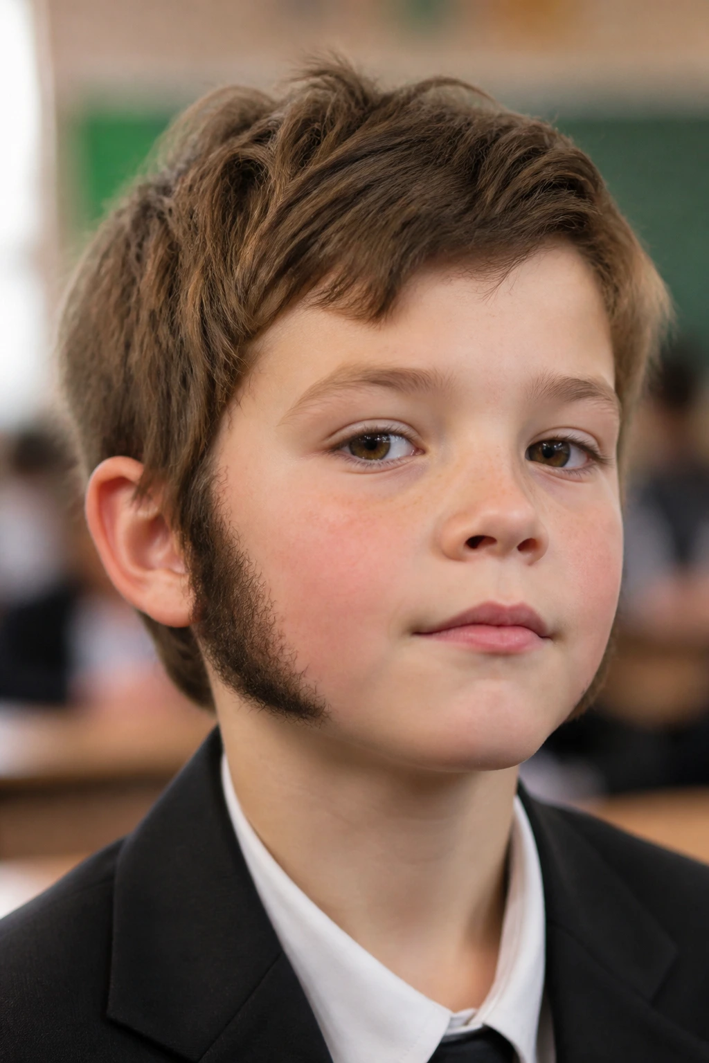 Close-up of a real boy with bold mutton-chop minis on his cheeks