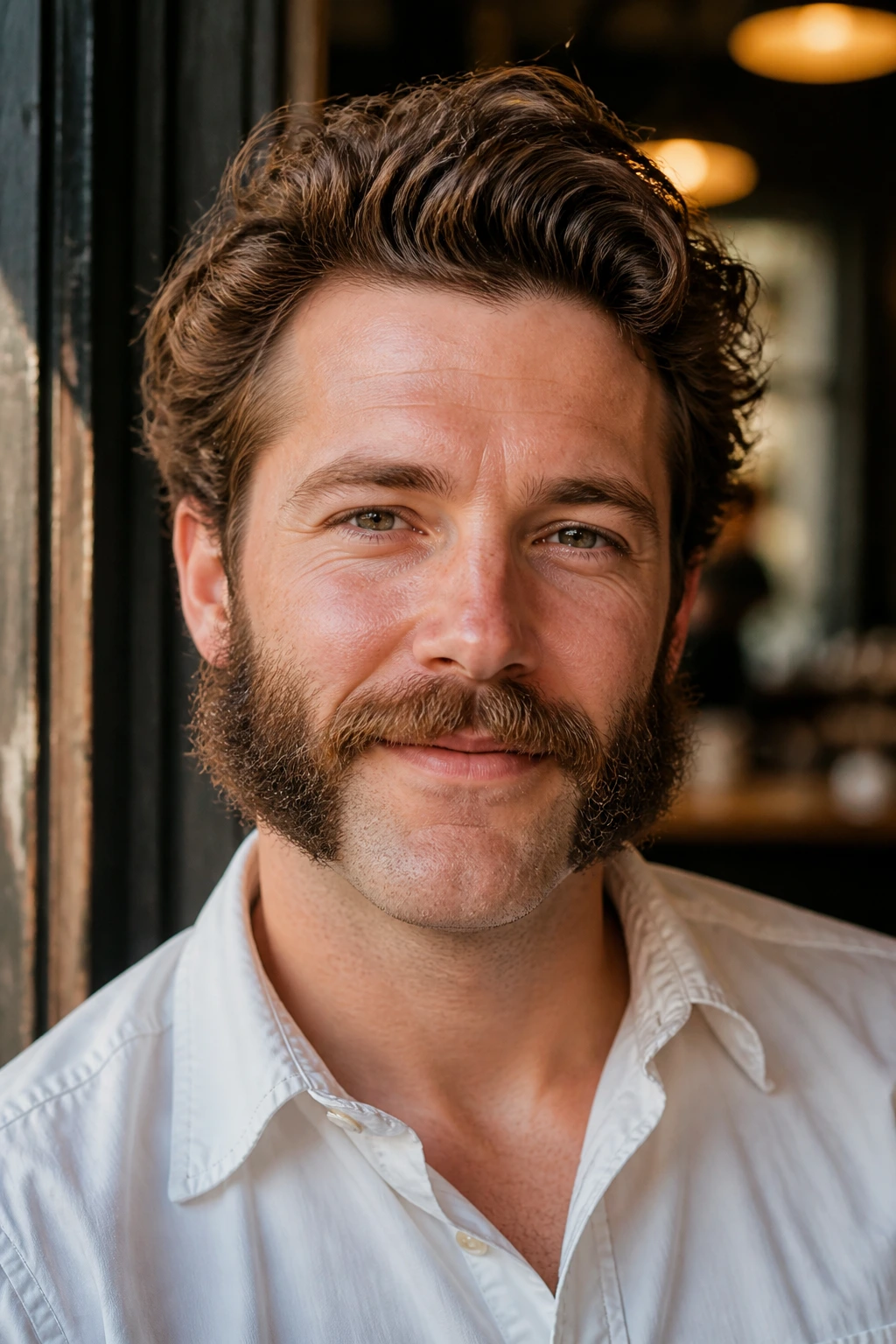 Close-up of a man with friendly mutton chops and mustache in warm cafe light