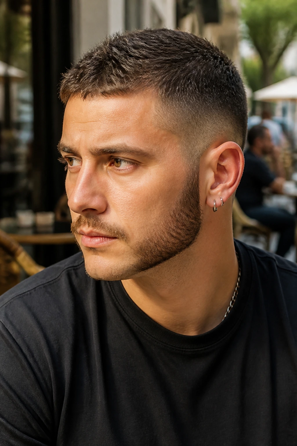 Close-up of man with dense mutton chops lite (short sideburns, trimmed chin) in urban setting
