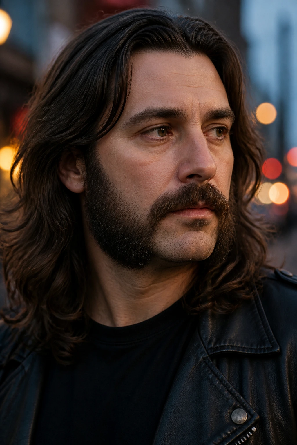 Close-up of a man with long hair and tapered mutton chops.