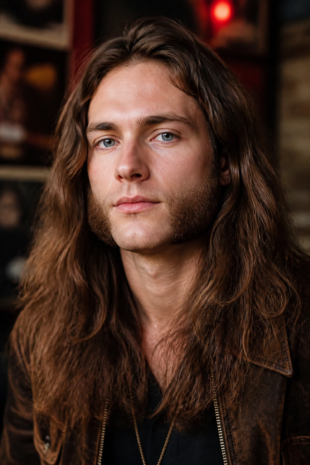 Close-up of a man with thick mutton chops and long hair in a retro setting