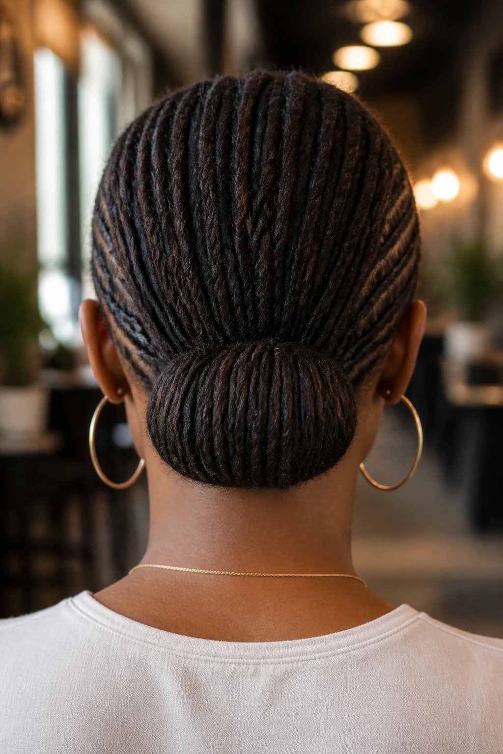 Rear view of a real woman with a neat nape barrel-roll bun