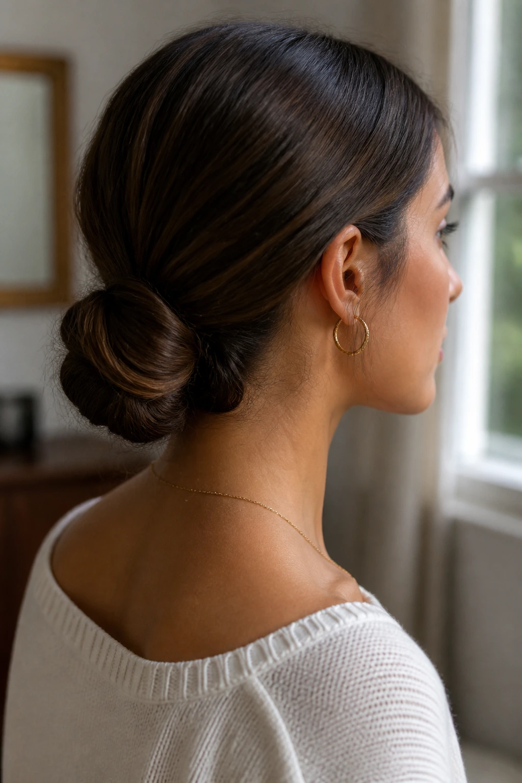Close-up of a real woman with a sleek low bun at the nape